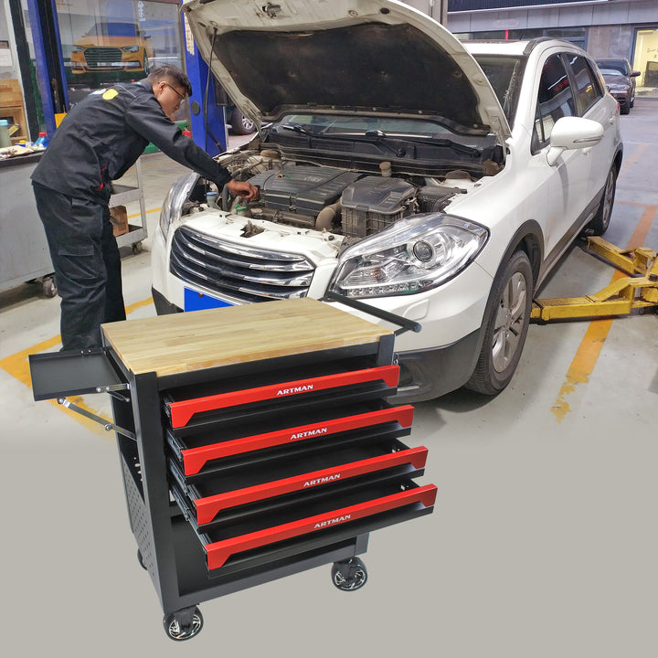 4 DRAWERS MULTIFUNCTIONAL TOOL CART WITH WHEELS AND WOODEN TOP