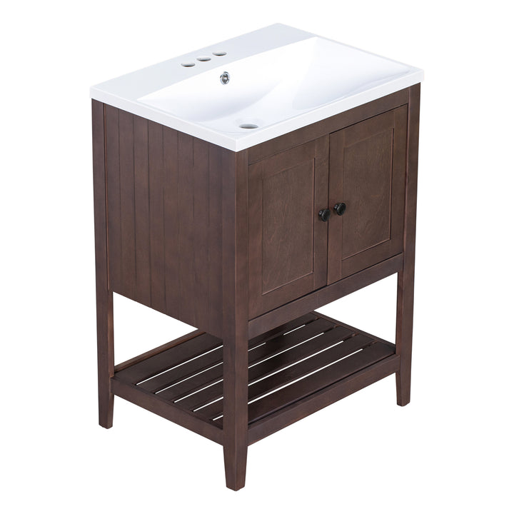 [VIDEO] 24" Brown Modern Sleek Bathroom Vanity Elegant Ceramic Sink with Solid Wood Frame Open Style Shelf (OLD SKU: JL000004AAD)