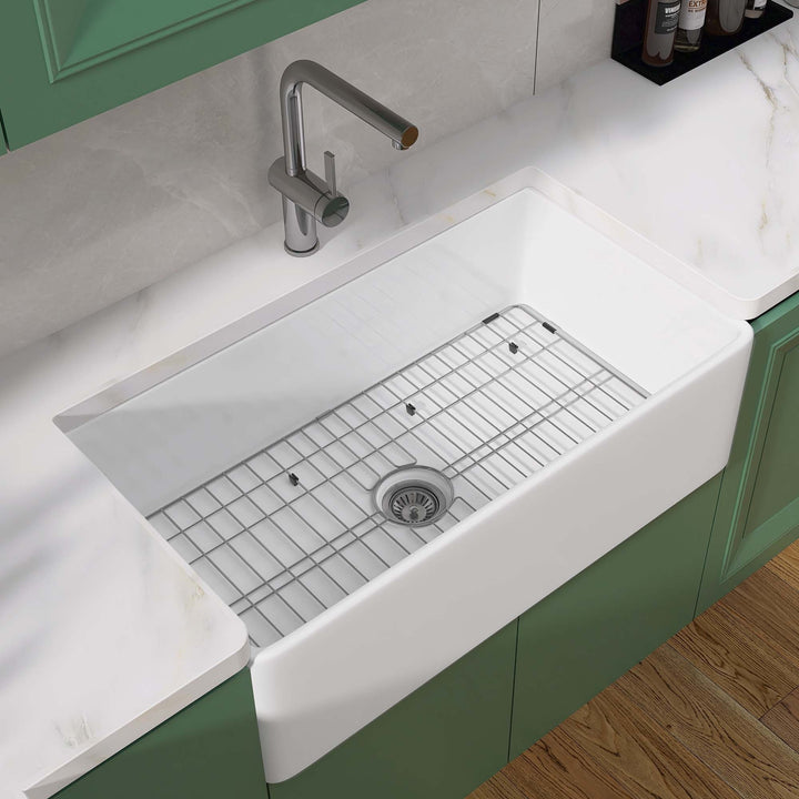 36 Inch Fireclay Farmhouse Kitchen Sink White Single Bowl Apron Front Kitchen Sink, Bottom Grid and Kitchen Sink Drain Included