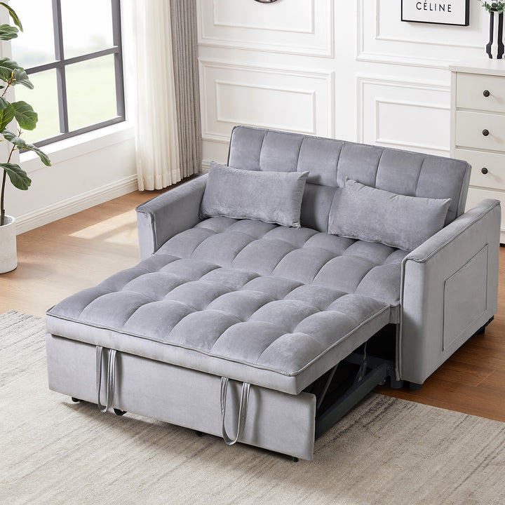 3 in 1 Convertible Sleeper Sofa Bed,  Modern Pull Out Couch Bed, Adjustable Backrest, Velvet Loveseat Futon Sofa with Pillows & Pockets for Living Room Apartment, Grey