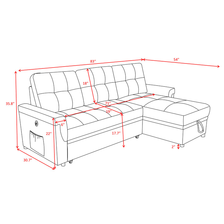 Variable sofa bed with storage and USB charging port