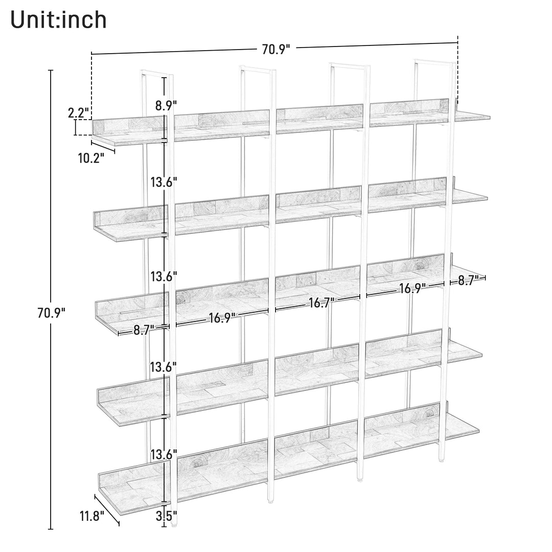 5 Tier Bookcase Home Office Open Bookshelf, Vintage Industrial Style Shelf, MDF Board, White Metal Frame, Oak