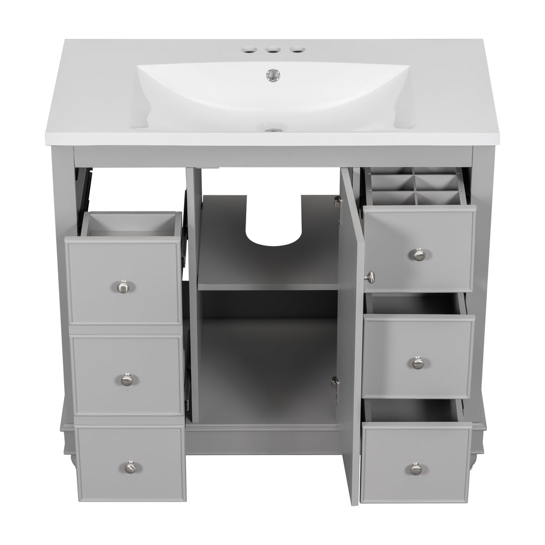 Contemporary Gray Bathroom Vanity Cabinet - 36x18x34 inches, 4 Drawers & 1 Cabinet Door, Multipurpose Storage, Resin Integrated Sink, Adjustable Shelves, Solid Wood Frame with MDF