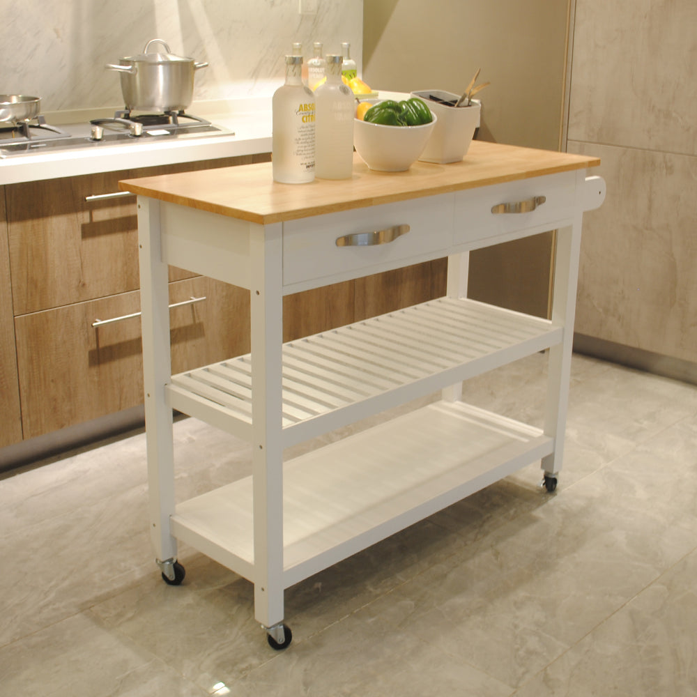 Kitchen Island & Kitchen Cart, Rubber Wood Top, Mobile Kitchen Island with Two Lockable Wheels, Simple Design for Easy Storing and Fetching, Two Drawers Give Unique Storage for Special Utensil.