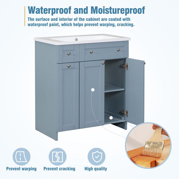 Modern 30-Inch Bathroom Vanity Cabinet with Easy-to-Clean Resin Integrated Sink in Blue