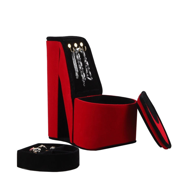 9" Tall Display Jewelry Box with Hooks, High Heel Shoe Design, Red Velvet
