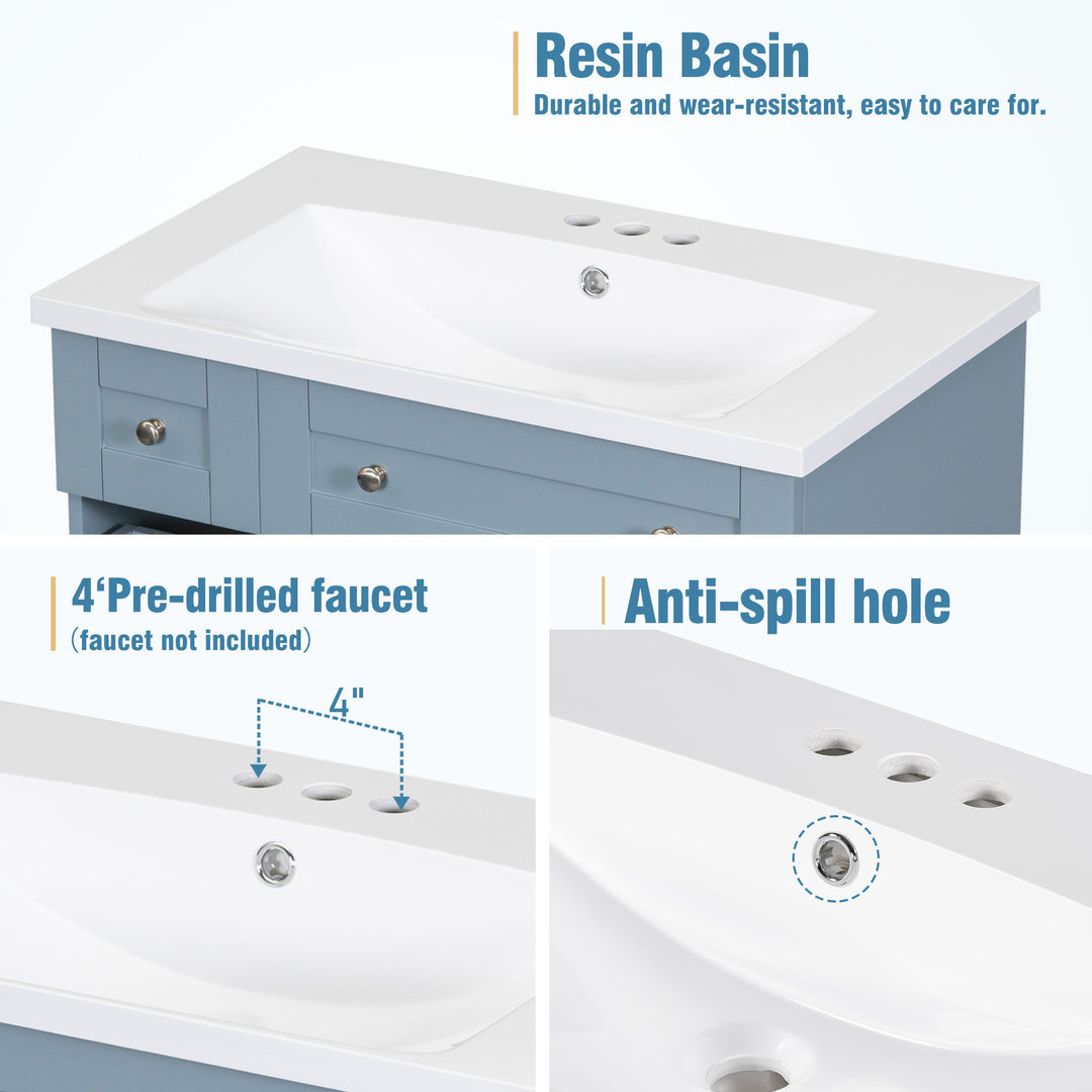 Modern 30-Inch Bathroom Vanity Cabinet with Easy-to-Clean Resin Integrated Sink in Blue