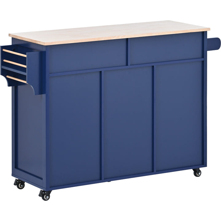 K&K Store Kitchen Cart with Rubber Wood Countertop , Kitchen Island has 8 Handle-Free Drawers Including a Flatware Organizer and 5 Wheels for Kitchen Dinning Room, Dark Blue