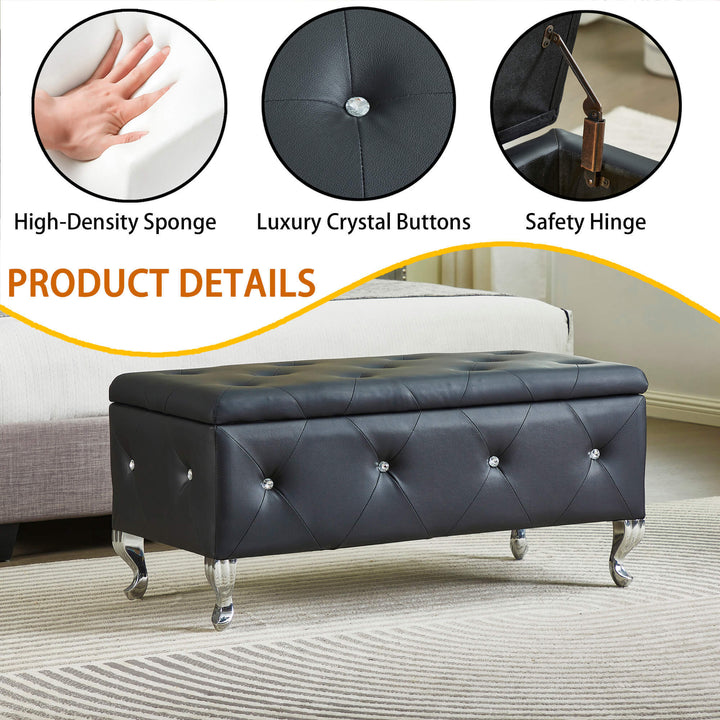 Upholstered Storage Ottoman Bench For Bedroom End Of Bed Faux Leather Rectangular Storage Benches Footrest With Crystal Buttons For Living Room Entryway (Black)