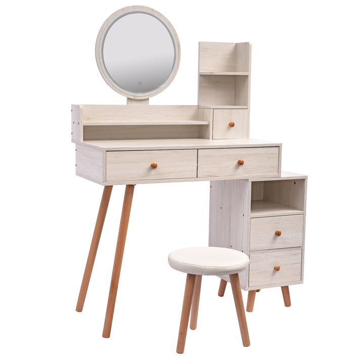 CRAZY ELF Stylish Vanity Table + Cushioned Stool, Touch Control LED Mirror, Large Capacity Storage Cabinet, 5 Drawers, Fashionable Makeup Furniture, Length Adjustable(L31.5"-43.2"x W15.8" x H48.1")