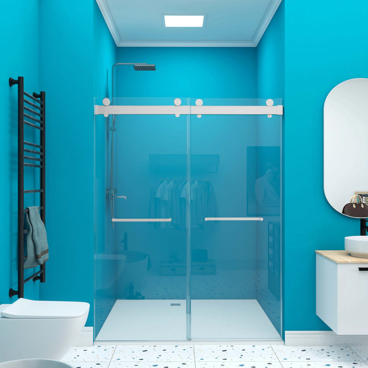 Frameless Double Sliding Shower, 57" - 60" Width, 79" Height, 3/8" (10 mm) Clear Tempered Glass, , Designed for Smooth Door with Clear Tempered Glass and Stainless Steel Hardware Brushed Nickel