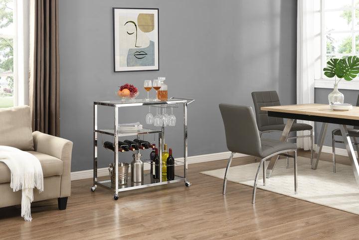 Contemporary Chrome Bar Serving Cart Silver Modern Glass Metal Frame Wine Storage