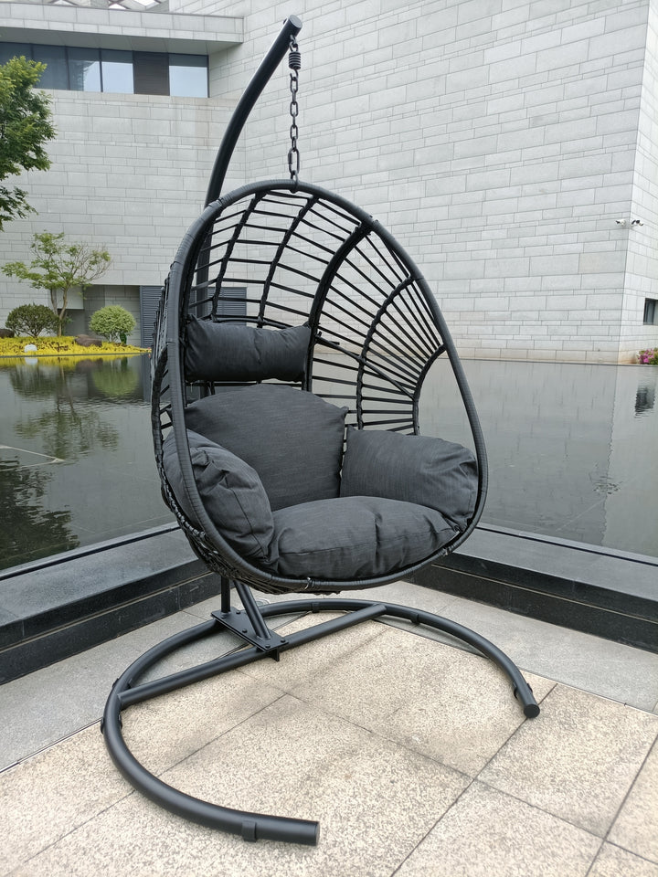 High Quality Outdoor Indoor Black color PE Wicker Swing Egg chair with Antracite Color Cushion And Black Color Base