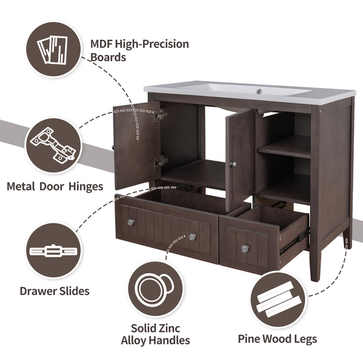 36" Bathroom Vanity Base Only, Solid Wood Frame and MDF Boards, Brown