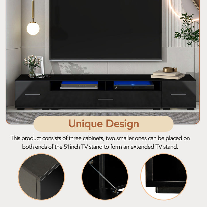 ON-TREND Extended, Minimalist Design TV stand with Color Changing LED Lights, Modern Universal Entertainment Center, High Gloss TV Cabinet for 90+ inch TV, Black