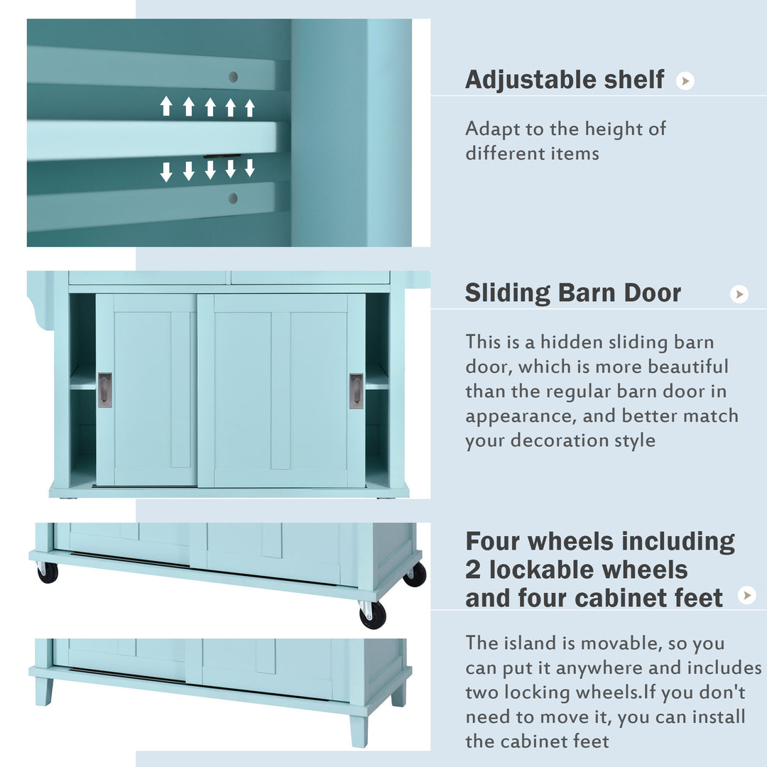 Kitchen Cart with Rubber wood Drop-Leaf Countertop, Concealed sliding barn door adjustable height,Kitchen Island on 4 Wheels with Storage Cabinet and 2 Drawers,L52.2xW30.5xH36.6 inch, Mint Green