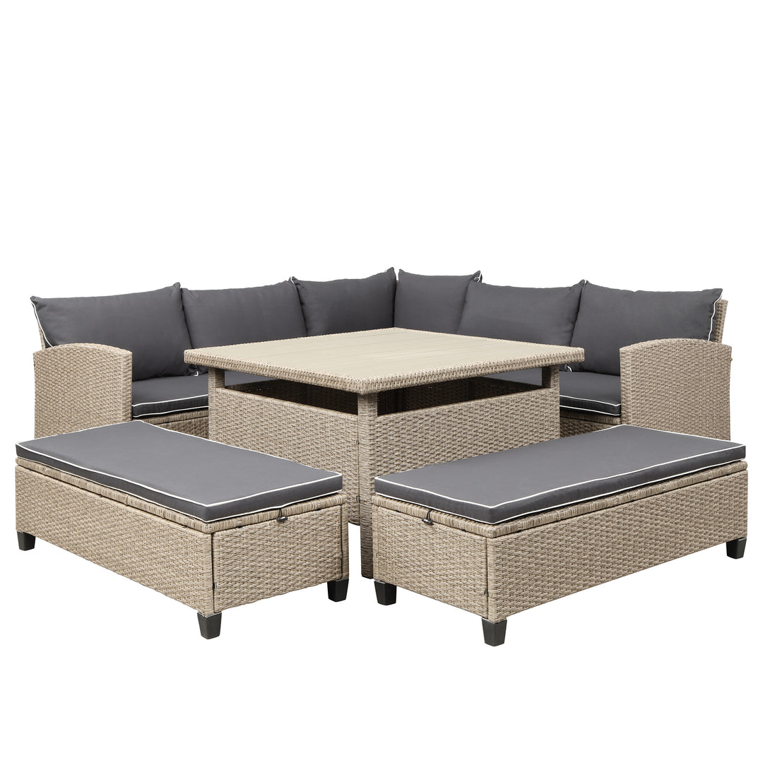 TOPMAX 6-Piece Patio Furniture Set Outdoor Wicker Rattan Sectional Sofa with Table and Benches for Backyard, Garden, Poolside