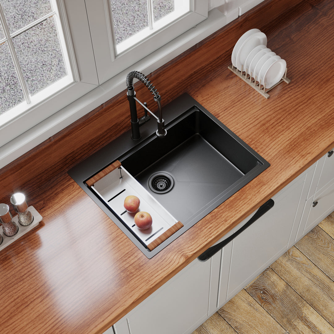 ADABABY 27" x 22" Drop In Kitchen Sink Gunmetal Black,  16 Gauge Stainless Steel Workstation Sink