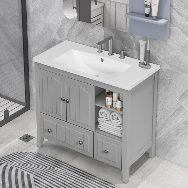 [VIDEO] 36" Bathroom Vanity with Ceramic Basin, Bathroom Storage Cabinet with Two Doors and Drawers, Solid Frame, Metal Handles, Grey (OLD SKU: JL000003AAE)