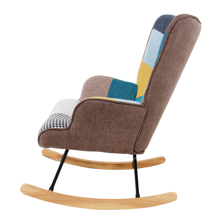 Rocking Chair, Mid Century Fabric Rocker Chair with Wood Legs and Patchwork Linen for Livingroom Bedroom