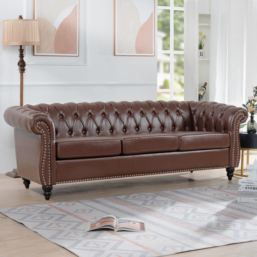 84.65" Dark Brown PU Rolled Arm Chesterfield Three Seater Sofa.