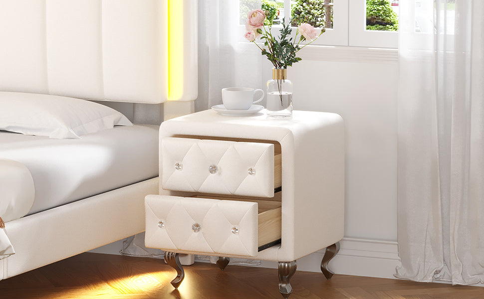 Elegant PU Nightstand with 2 Drawers and Crystal Handle,Fully Assembled Except Legs&Handles,Storage Bedside Table with Metal Legs - White