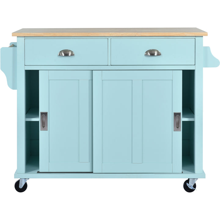 Kitchen Cart with Rubber wood Drop-Leaf Countertop, Concealed sliding barn door adjustable height,Kitchen Island on 4 Wheels with Storage Cabinet and 2 Drawers,L52.2xW30.5xH36.6 inch, Mint Green