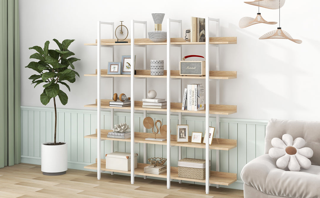 5 Tier Bookcase Home Office Open Bookshelf, Vintage Industrial Style Shelf, MDF Board, White Metal Frame, Oak