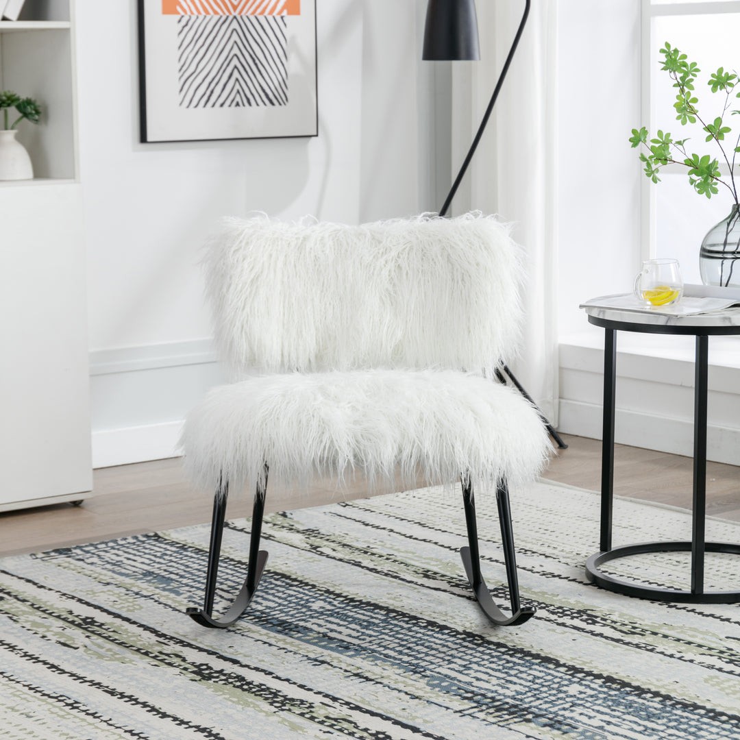 25.2'' Wide Faux Fur Plush Nursery Rocking Chair, Baby Nursing Chair with Metal Rocker, Fluffy Upholstered Glider Chair, Comfy Mid Century Modern Chair for Living Room, Bedroom (Ivory)