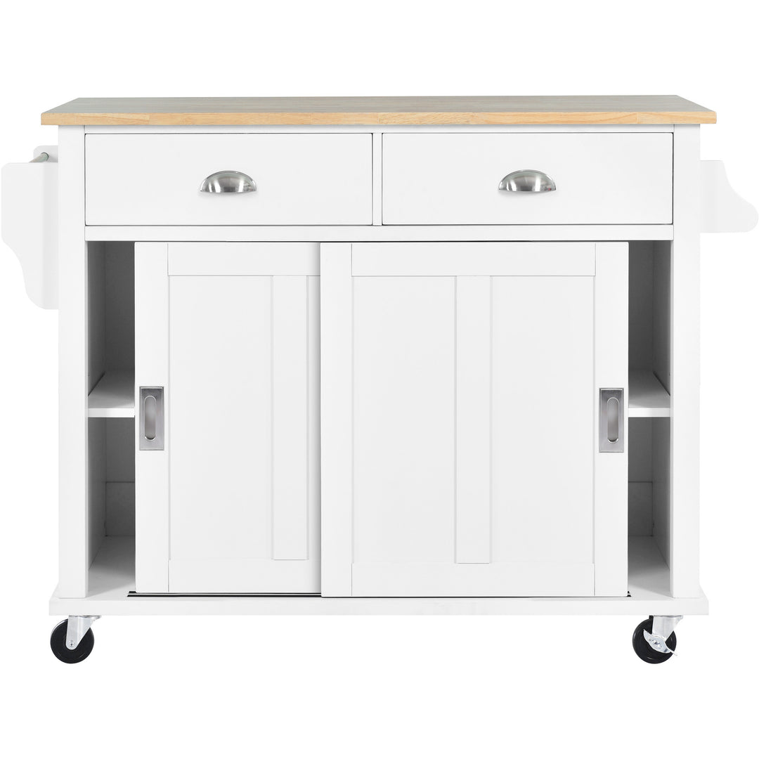 Kitchen Cart with Rubber wood Drop-Leaf Countertop, Concealed sliding barn door adjustable height,Kitchen Island on 4 Wheels with Storage Cabinet and 2 Drawers,L52.2xW30.5xH36.6 inch, White