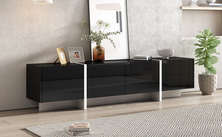 ON-TREND White & Black Contemporary Rectangle Design TV Stand, Unique Style TV Console Table for TVs Up to 80'', Modern TV Cabinet with High Gloss UV Surface for Living Room.