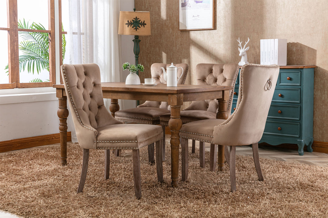 Nikki Collection Modern, High-end Tufted Solid Wood Contemporary Velvet Upholstered Dining Chair with Wood Legs Nailhead Trim 2-Pcs Set, Khaki, SW2001KK