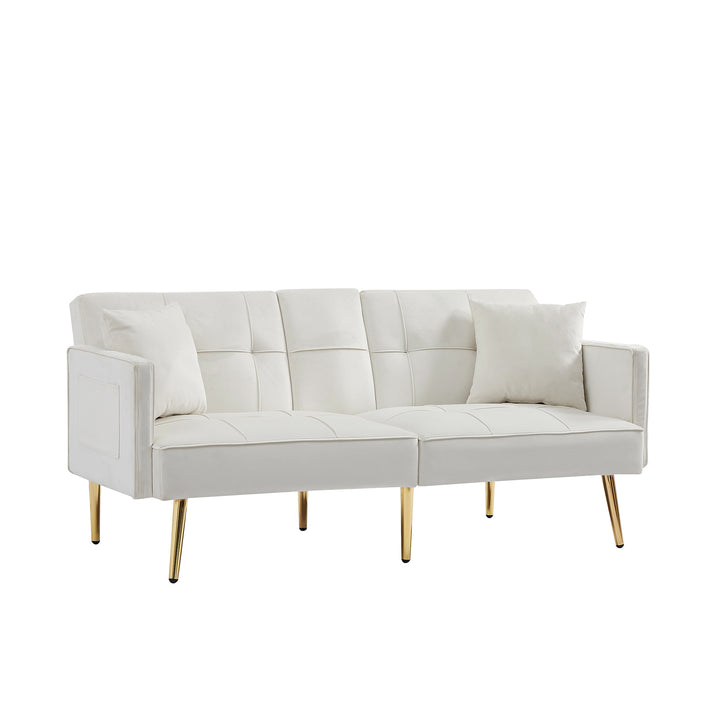 Cream White Velvet Futon Sofa Bed with Gold Metal Legs