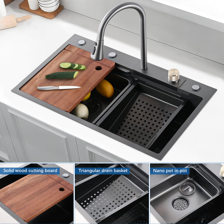 Kitchen Sink Flying rain Waterfall Kitchen Sink Set 30"x 18" 304 Stainless Steel Sink with Pull Down Faucet, and Accessories