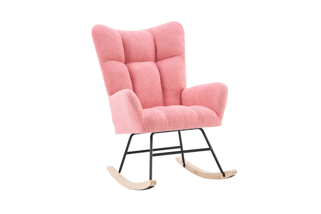 Rocking Chair Nursery, Solid Wood Legs Reading Chair withTeddy Fabric Upholstered, Nap Armchair for Living Rooms, Bedrooms, Offices, Best Gift,Pink Teddy fabric