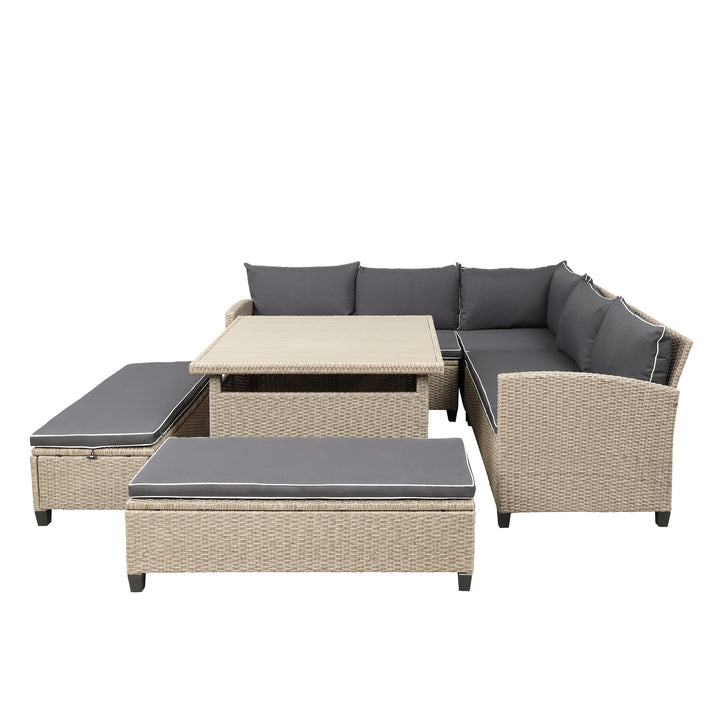 TOPMAX 6-Piece Patio Furniture Set Outdoor Wicker Rattan Sectional Sofa with Table and Benches for Backyard, Garden, Poolside