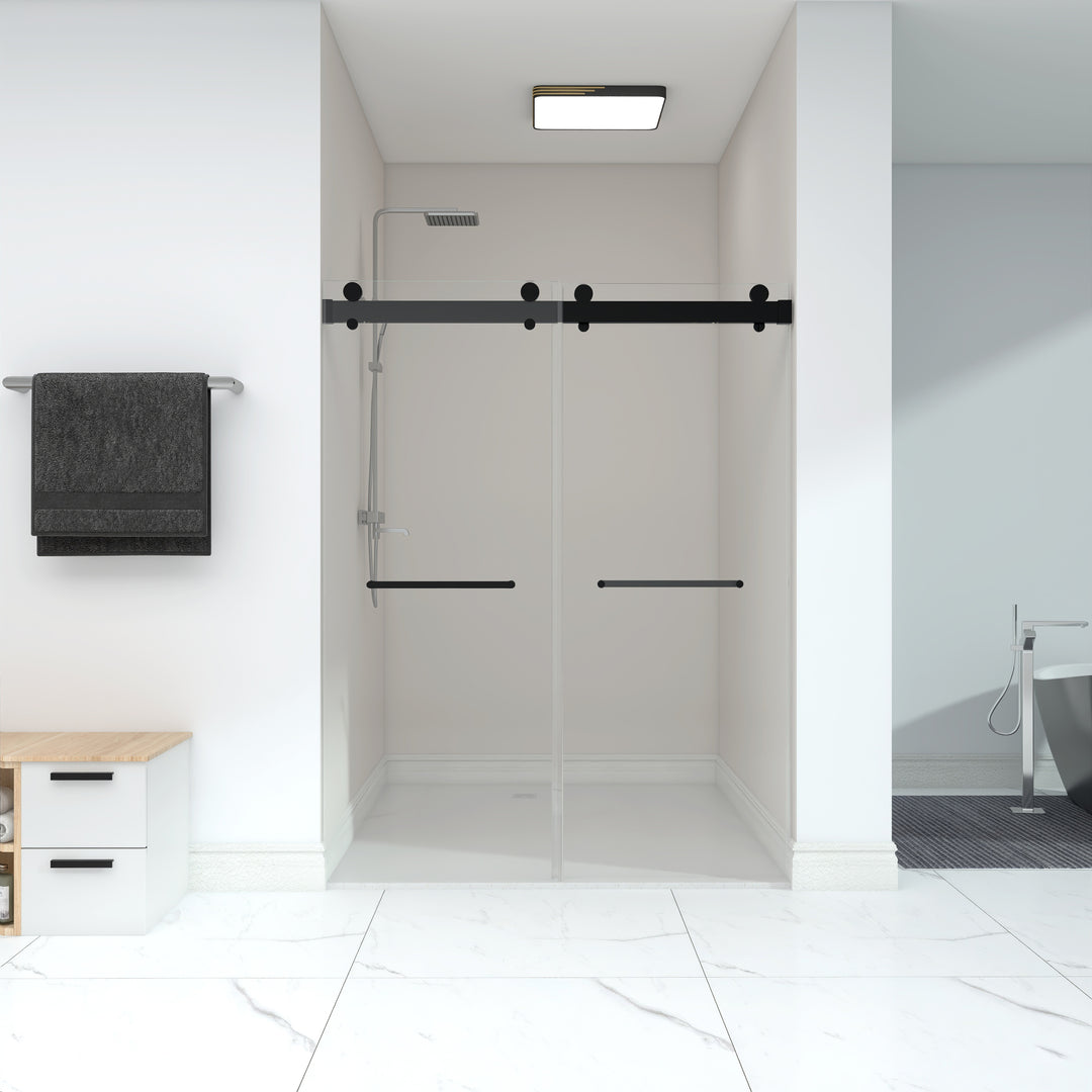 Frameless Double Sliding Shower, 57" - 60" Width, 79" Height, 3/8" (10 mm) Clear Tempered Glass, , Designed for Smooth Door Closing With Upgraded Crashproof System Technology Matte Black Finish