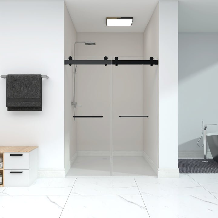 Frameless Double Sliding Shower, 57" - 60" Width, 79" Height, 3/8" (10 mm) Clear Tempered Glass, , Designed for Smooth Door Closing With Upgraded Crashproof System Technology Matte Black Finish