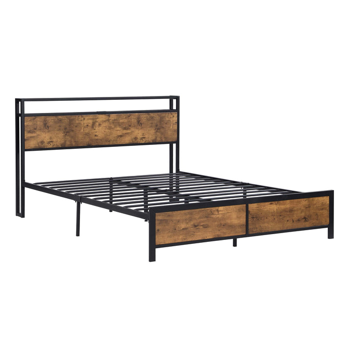 Industrial Full Bed Frame with LED Lights and 2 USB Ports, Bed Frame Full Size with Storage, Noise Free, No Box Spring Needed, Rustic Brown