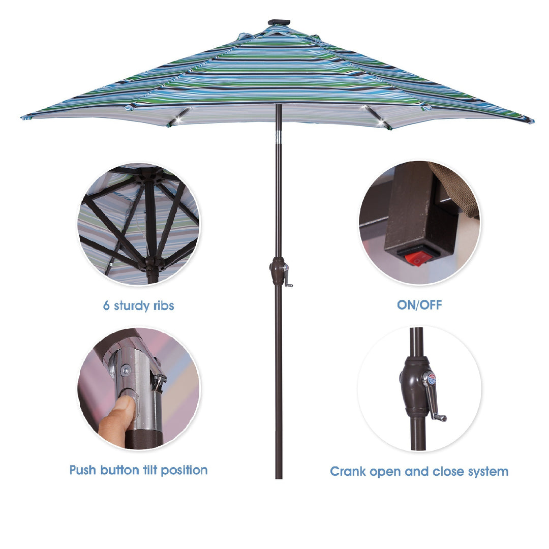 Outdoor Patio 8.7-Feet Market Table Umbrella with Push Button Tilt and Crank, Blue Stripes With 24 LED Lights[Umbrella Base is not Included]