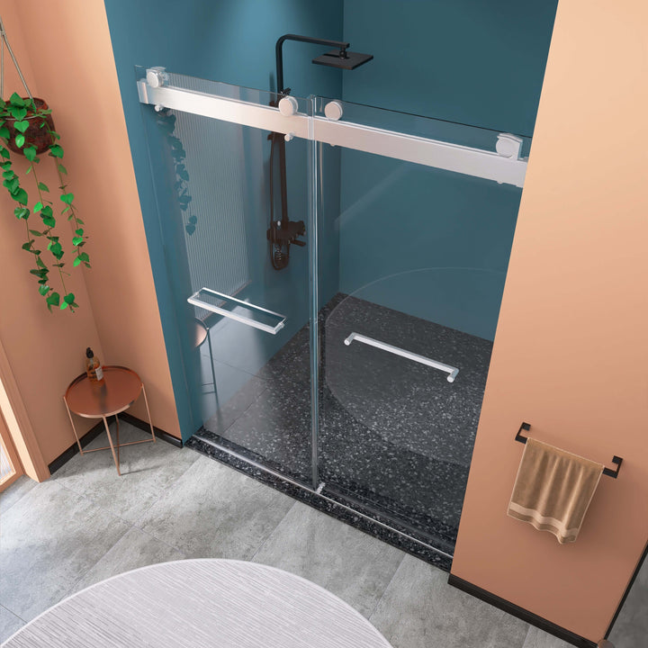 Frameless Double Sliding Shower, 69" - 72" Width, 79" Height, 3/8" (10 mm) Clear Tempered Glass, , Designed for Smooth Door with Clear Tempered Glass and Stainless Steel Hardware Brushed Nickel