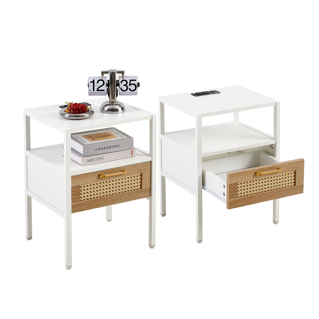 Set of 2, 15.75" Rattan End table with Power Outlet & USB Ports , Modern nightstand with drawer and metal legs, side table for living room, bedroom,white