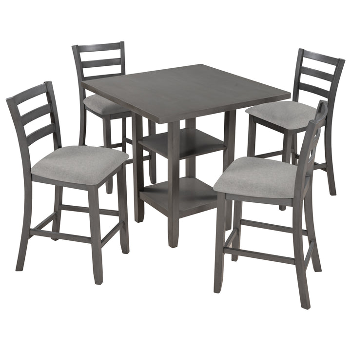 TREXM 5-Piece Wooden Counter Height Dining Set with Padded Chairs and Storage Shelving (Gray)