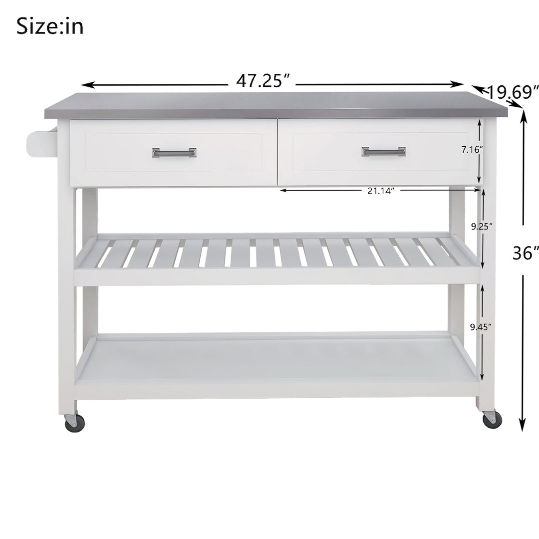 Stainless Steel Table Top White Kicthen Cart With Two Drawers