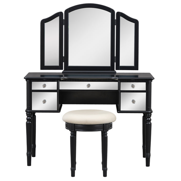 GO 43" Dressing Table Set with Mirrored Drawers and Stool, Tri-fold Mirror, Makeup Vanity Set for Bedroom, Black