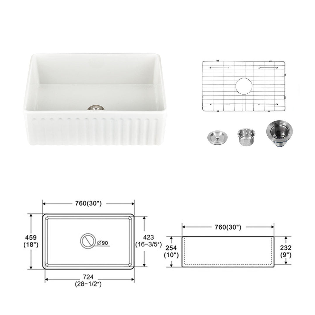 Fireclay 30" L X 18" W Farmhouse Kitchen Sink with Grid and Strainer