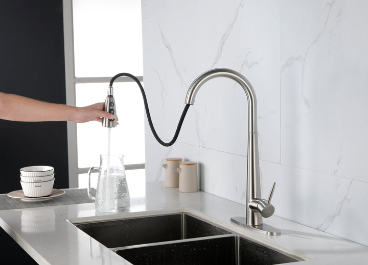 Kitchen Faucet with Pull Down Sprayer Brushed Nickel, High Arc Single Handle Kitchen Sink Faucet with Deck Plate, Commercial Modern Stainless Steel Kitchen Faucets