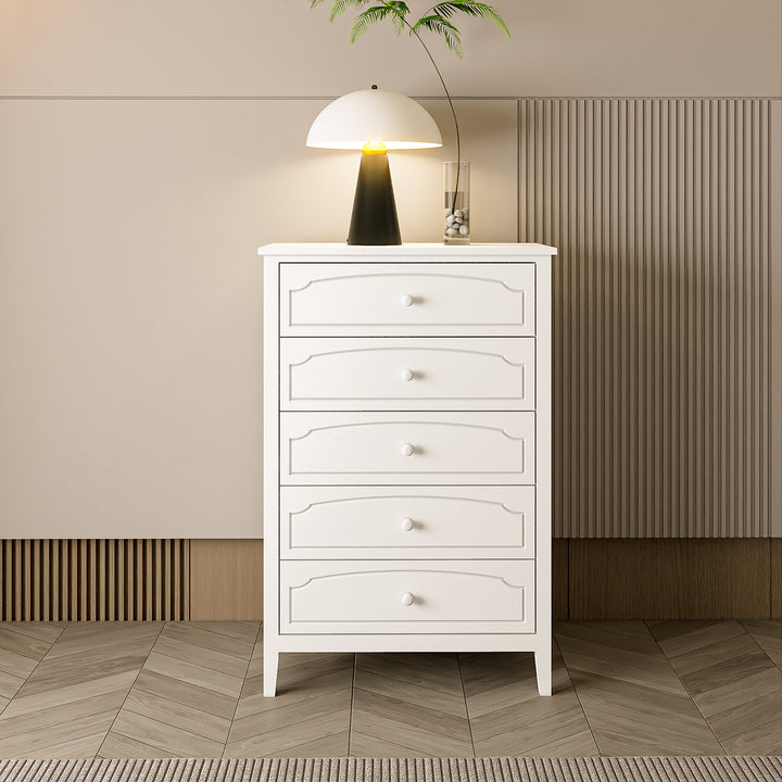 White Contemporary Roman Style, Solid Wood 5 Drawers Chest Bedroom Furniture, Drawer Storage, Tall Chest, Dresser 5 Drawers For Living Room, Entryway. Paint Sprayed Finishing