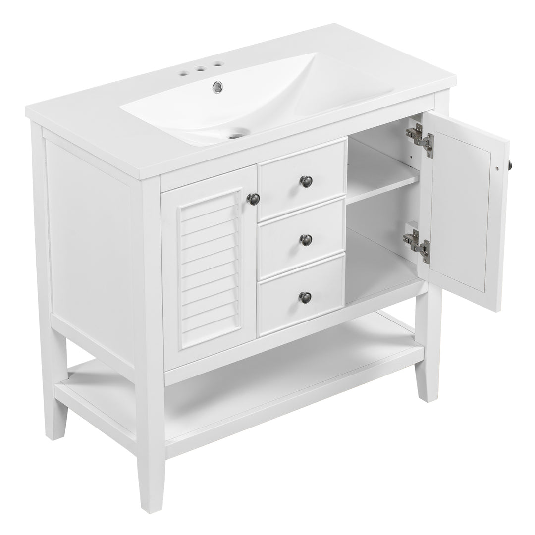 36" Bathroom Vanity with Ceramic Basin, Two Cabinets and Drawers, Open Shelf, Solid Wood Frame, White (OLD SKU: SY999101AAK)