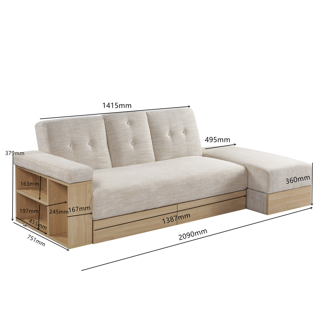 Multi-functional sofa, can sit, lie down, with storage box and drawer, and the storage sofa arm which can be used as tea table and pedal-beige